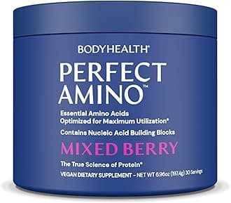 BodyHealth PerfectAmino Powder Mixed Berry (30 Servings) Best Pre/Post Workout Recovery Drink, 8 Essential Amino Acids Energy Supplement with 50% BCAAs, 100% Organic, 99% Utilization