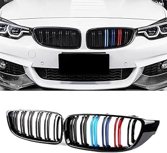 MAXDOM Replacement Front Upper Grill Fit for BMW (2014-2020) 4 Series F32 F33 F36 (2015-2019) F80 M3 F82 M4 – Gloss Black Double Slats Tricolor ABS Grille