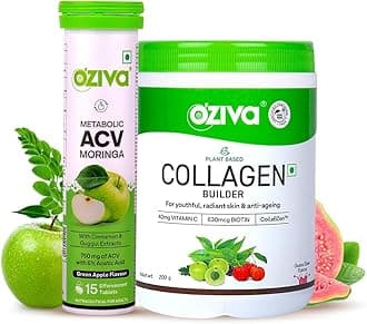 Vegan Collagen (Guava Glow) With Biotin & Vitamin C For Brighter & Youthful Skin 250 G And Acv For Weight Loss|3-In-1 Fat Oxidation,15 Effervescent Tablets (Green Apple)