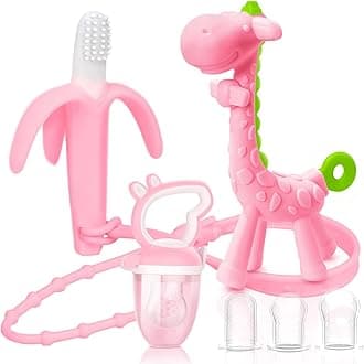 SHARE&CARE Baby Teething Toys for Girls and Natural Organic Fruit Feeder Pacifier/Baby Teether Chew Toys Fresh Food Feeder/ 1 Teethers and 1 Feeder with 3 Silicone Sacs(Pink)