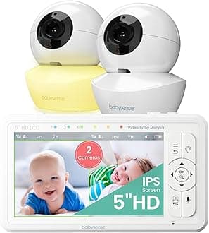 Babysense 5" HD Split-Screen Baby Monitor, Video Baby Monitor with 2 Cameras and Audio, Night Light, 1000ft Range, Two-Way Audio, 4X Zoom, Night Vision, 4000mAh Battery