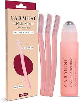 Carmesi Smooth Shave Essentials for Women - 3 Face Razors & 1 Cooling Aftershave Roll On | Instant & Painless Hair Removal | Cooling Effect | No Razor Burns or Cuts | Smooth & Glowing Skin
