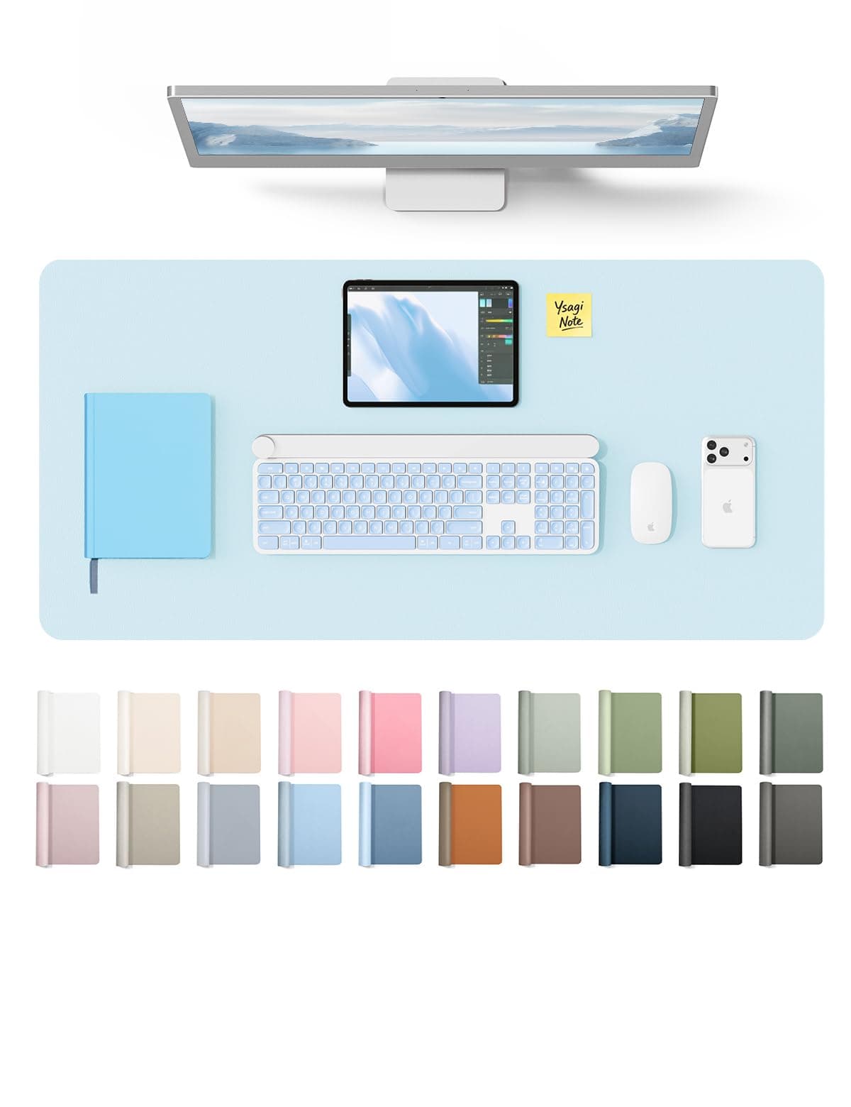 YSAGi Leather Desk Pad Protector, Office Desk Mat, Large Mouse Pad, Non-Slip PU Leather Desk Blotter, Laptop Desk Pad, Waterproof Desk Writing Pad for Office and Home (Baby Blue, 35.4" x 17")