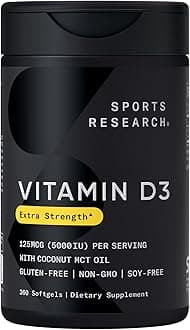 Sports Research® Vitamin D3 w/Coconut MCT Oil - High Potency Vitamin D3 5000iu (125mcg) Supplement for Immune & Bone Support - Seed Oil Free - Non-GMO - Gluten Free (360 Liquid Softgels)