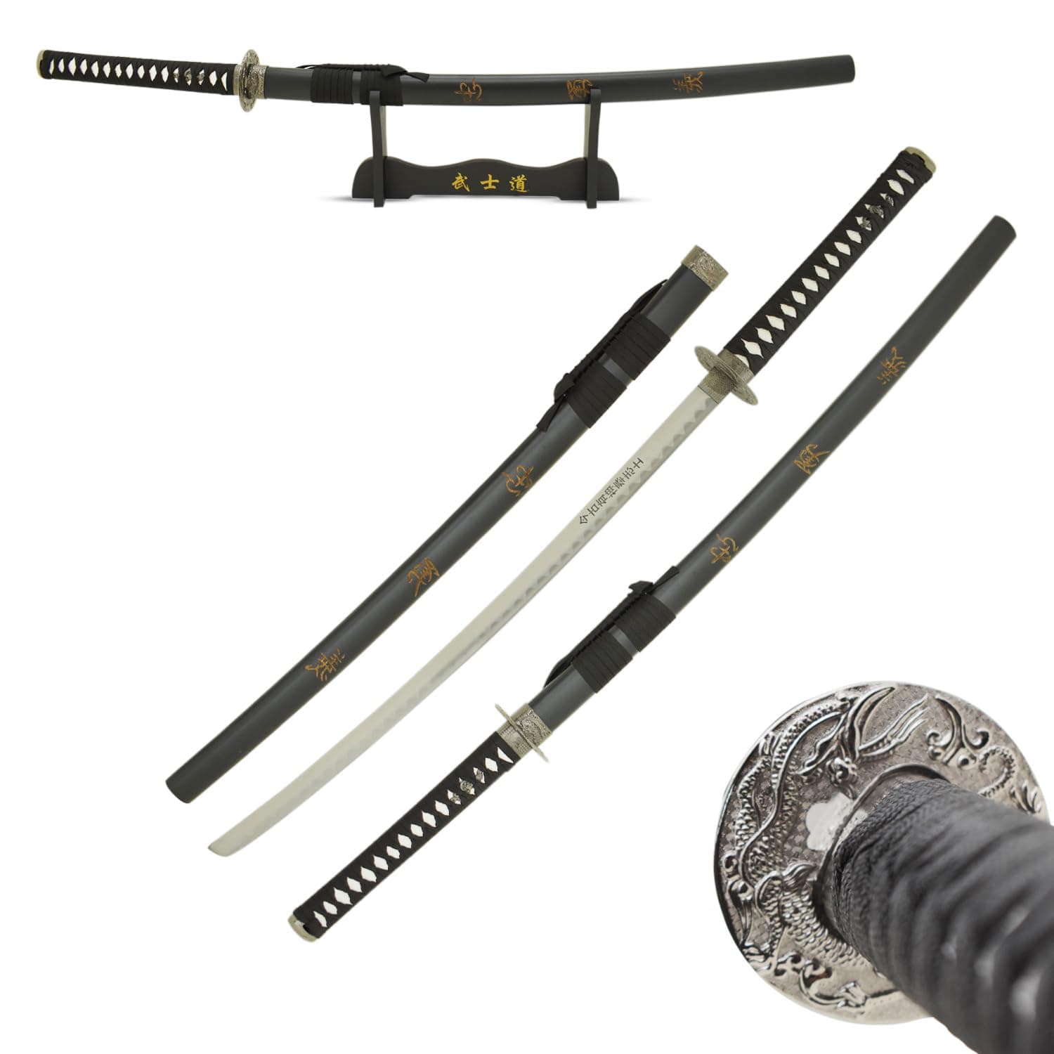 MASTER USA - Hand Carved Katana Sword with Samurai Bushido Code on Scabbard, 1045 Steel, 41.5 Inches Overall, Includes Display Stand