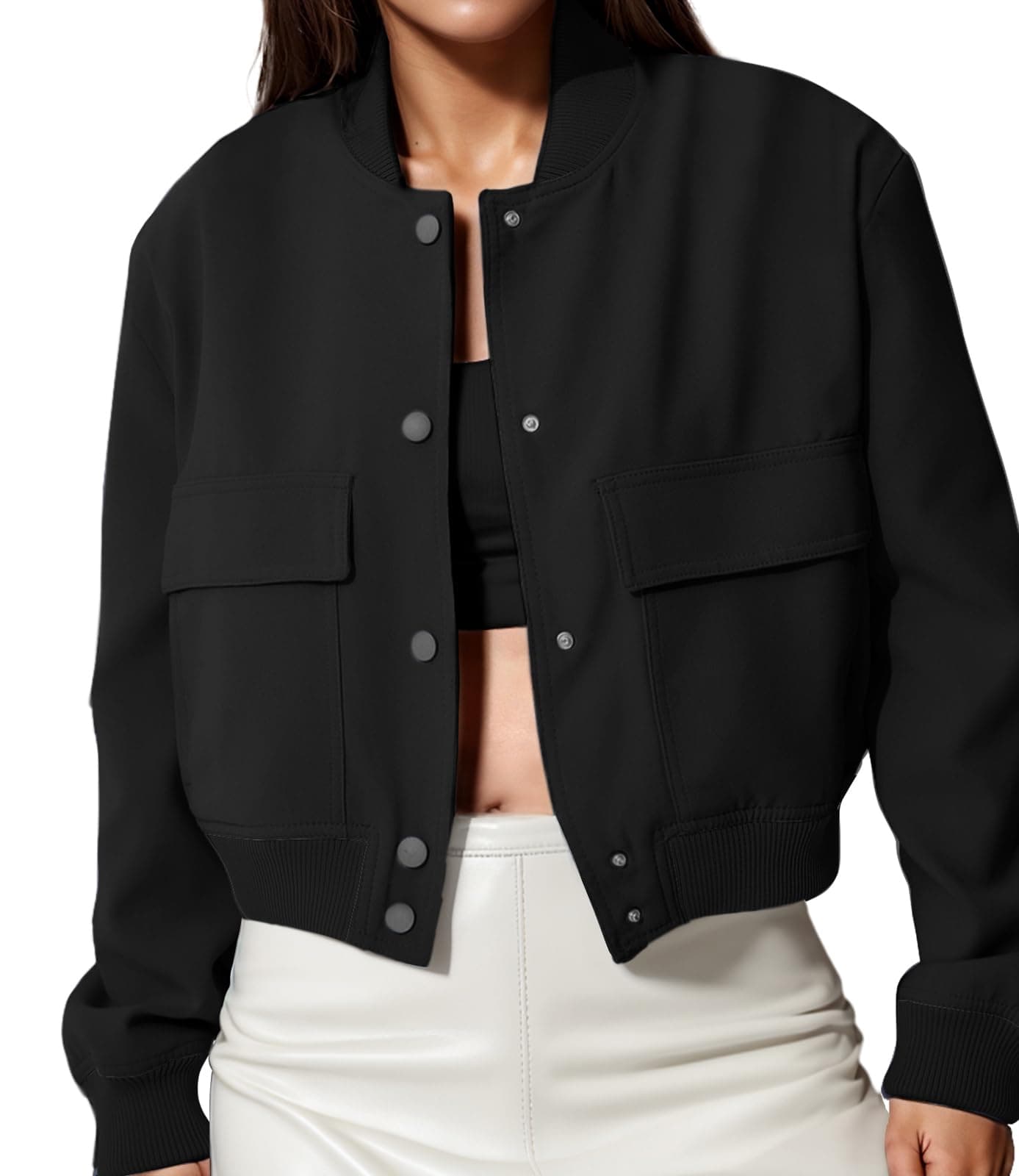 Women's Spring Varsity Bomber Jackets Long Sleeve Cropped Button Down Casual Coat with Pockets Outwear