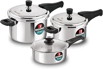 - Bergner Trimax Triply Stainless Steel Outer Lid Pressure Cooker Multi Combo - 5 L Cooker 3 L Pressure Pan, 2 L Cooker with Glass Lid, Less Oil Use, Healthy Cooking - Induction Bottom Gas Stove Ready