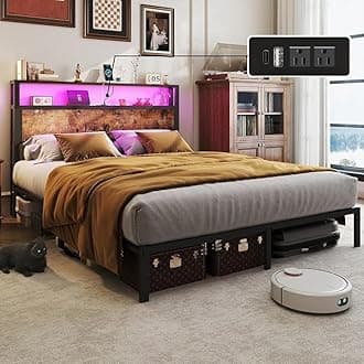Queen Size Bed Frame with 2-Tier Storage Headboard with Charging Station and 12 Color LED Lights,2 Tier Solid Wood Headboard Storage,Noise Free, No Box Spring Needed/Remote Control/Vintage Brown