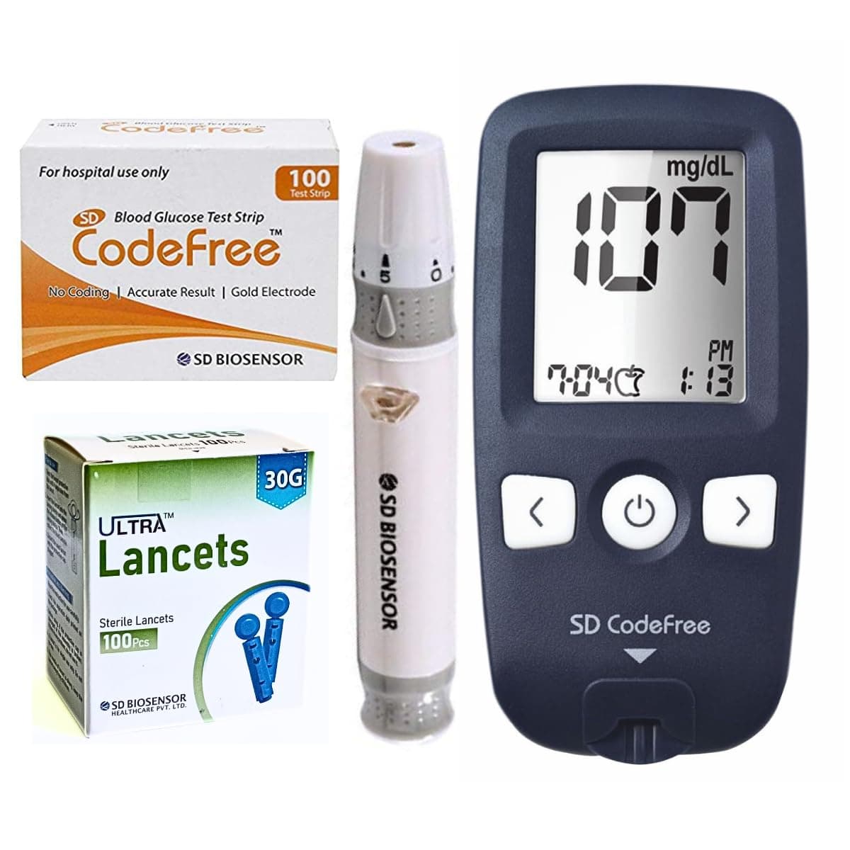 SD Codefree Glucometer Machine | Easy & Accurate Testing Of Blood Glucose Levels At Home | SD Biosensor | 100 Test Strips + 100 Sterile Lancets + 1 Lancing Device, Black