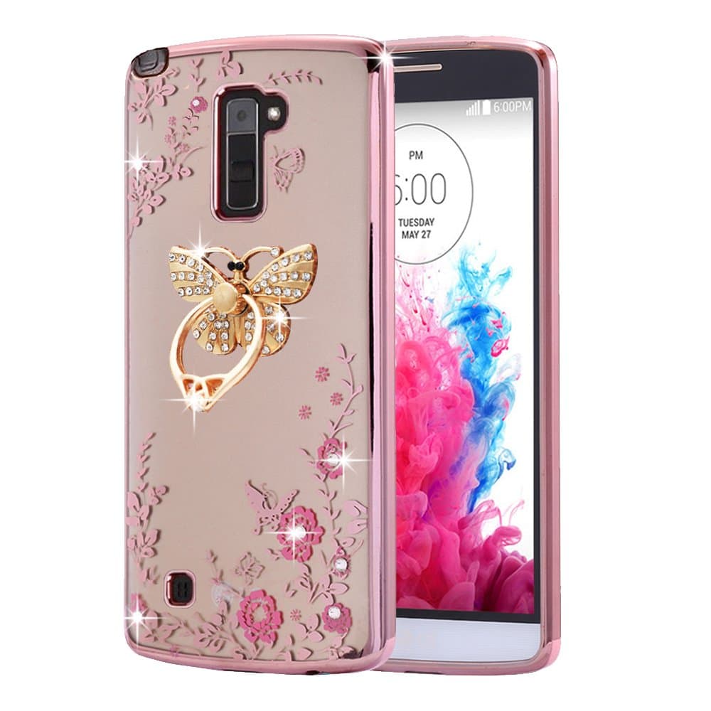 LG Stylo 2 Case ,LG Stylo 2 plus Case Case , BestAlice Slim Soft Gel Clear Bling Case Rose Gold Metal Plating Bumper Cover , Butterfly Ring Stand