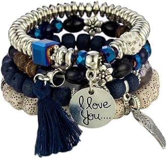 Shining Diva Fashion Latest Stylish Bohemian I Love You Feather Tassel Charm Multilayer Beaded Bangle Bodhi Bracelet for Women and Girls
