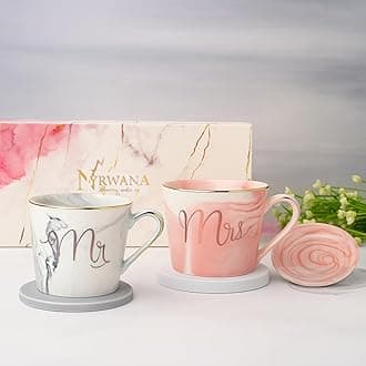 NYRWANA Coffee Mug, Couple Present, Wedding Present for Couples, Marriage Presents for Wedding, Valentine Gift, Mr & Mrs Set of 2 Coffee Mugs, Lids and Beautiful Gift Box (250ml - Ceramic)