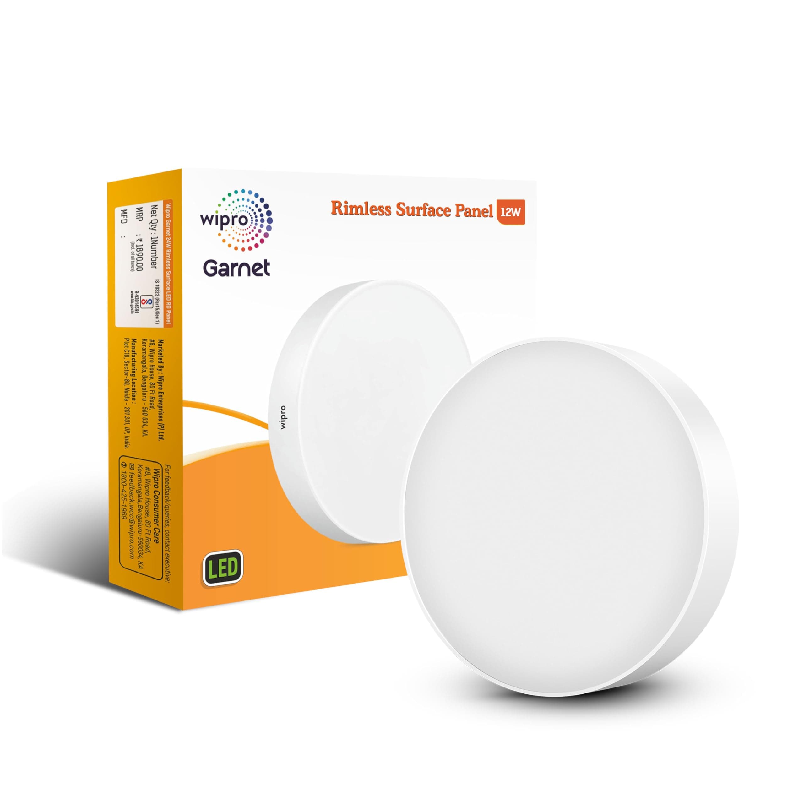 wipro Polycarbonate Garnet 12W Rimless Round Led Surface Panel|Warm White Light (2700K)|Elegant Rimless Design for Wider Spread of Light|Surface Mounted Led Down Light for Ceiling|Pack of 1
