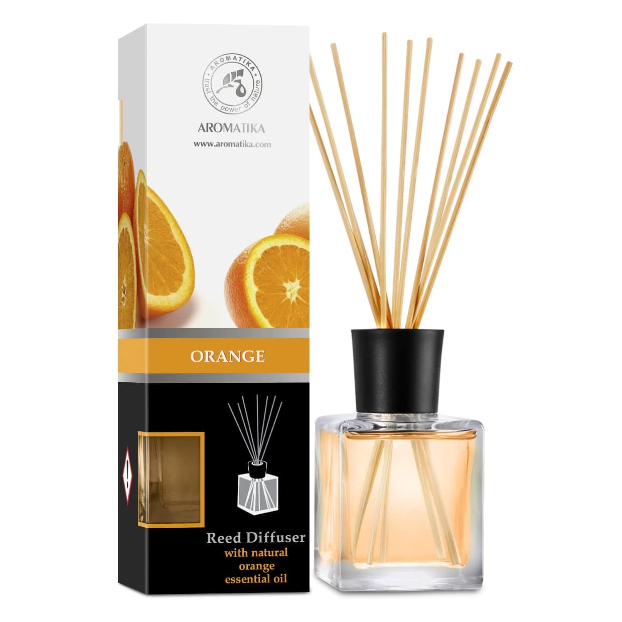AROMATIKA Orange Reed Diffuser 200ml – Scented Diffuser with Sticks, Natural Orange Essential Oil, Long Lasting Room Fragrance & Air Freshener, Fresh Citrus Aromatherapy Scent for Home, Office & Spa