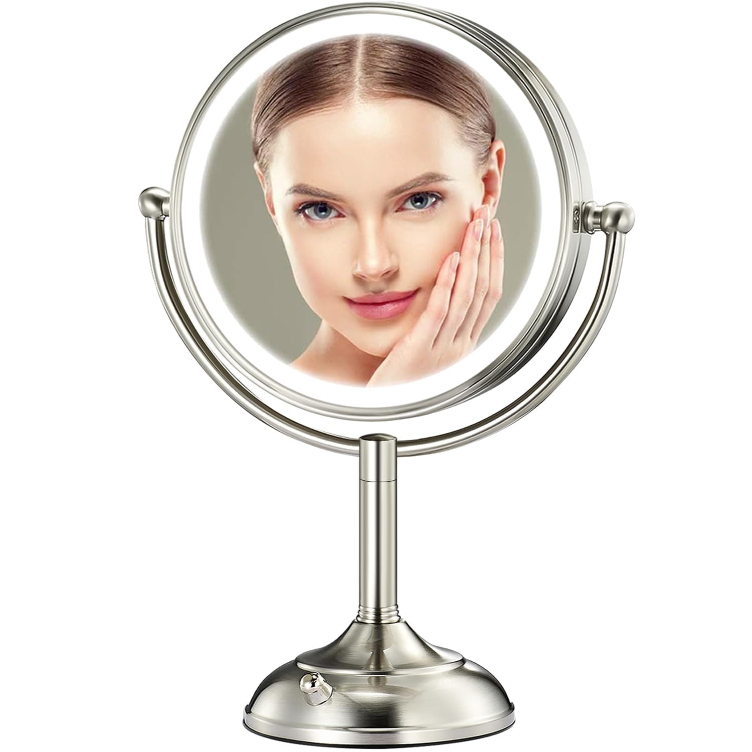 Professional 8.5" Large Lighted Makeup Mirror with Brighter Lights, 1X/10X True HD Magnifying Mirror with 3 Color Dimmable Lights, 90 Shadowless LEDs, 360°Swivel Seamless Vanity Mirror, Pearl Nickel