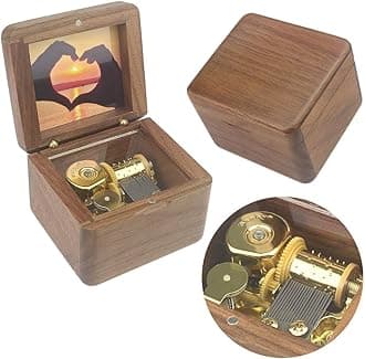 SinzyoNatural Wooden Music Box with Customizable Photos Wind Up Musical Box Gifts for Christmas,Birthday and Valentine's Day(Simple Walnut, Tone:Brahms Lullaby)