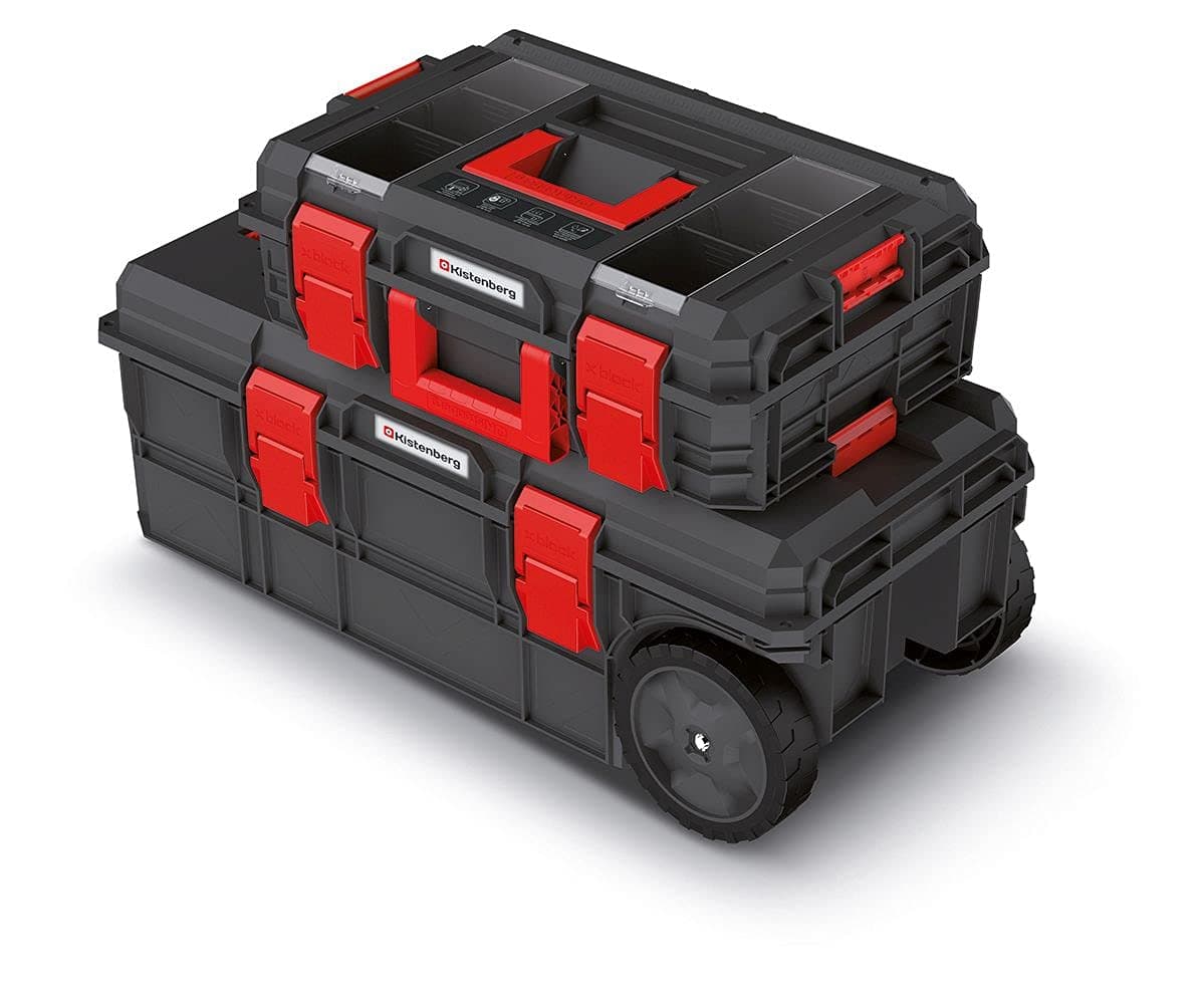 2-Piece Rolling Workshop Tool Trolley Set - Tool Box With Reinforced Construction, Ergonomic Handle, Dustproof Plastic