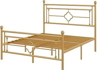 Allewie Full Size Metal Platform Bed Frame with Victorian Vintage Headboard and Footboard/Mattress Foundation/Under Bed Storage/No Box Spring Needed/Noise-Free/Easy Assembly, Gold