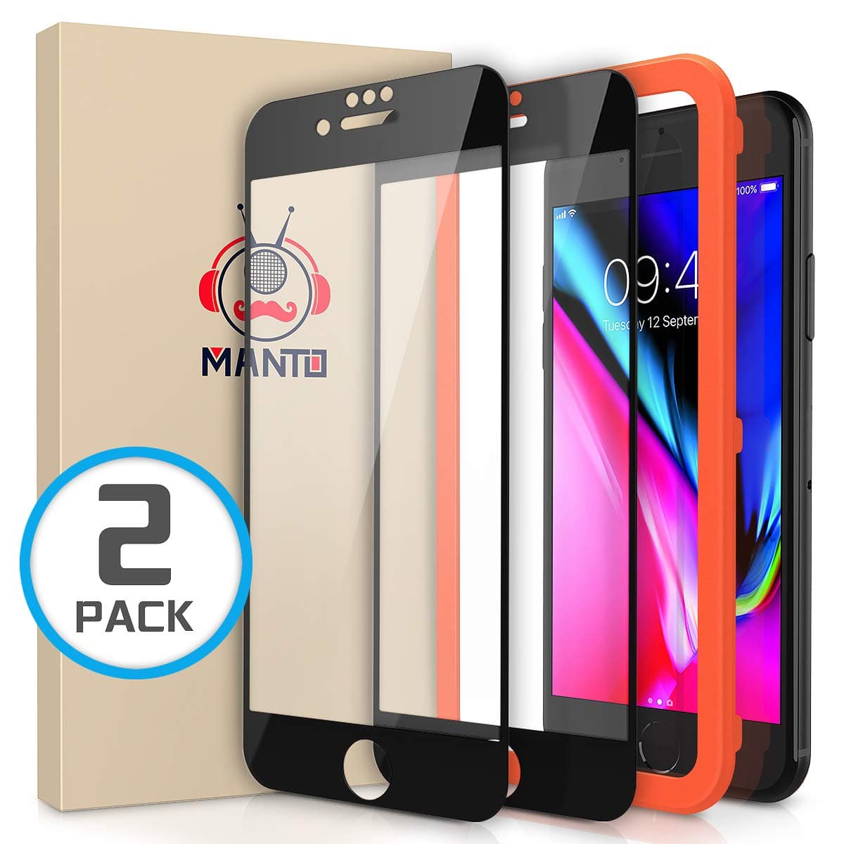 MANTO 2 Pack Screen Protector for iPhone 8 Plus 7 Plus Full 6 Plus 6S Plus Coverage Tempered Glass Screen Protector Film Edge to Edge Protection 5.5 Inch, Black