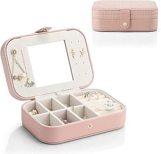 Vlando Travel Jewelry Case Box Women PU Leather 2 Layer Jewelry Organizer Holder for Necklace Earring Rings-Weaving Pink
