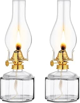 2 Pcs Chamber Oil Lamp for Indoor Use, Classic Kerosene Lamp, Vintage Oil Lanterns, Decorative Hurricane Lantern with Adjustable Fire Wick for Farmhouse Tabletop Decor, 13 in(Clear, Gold)