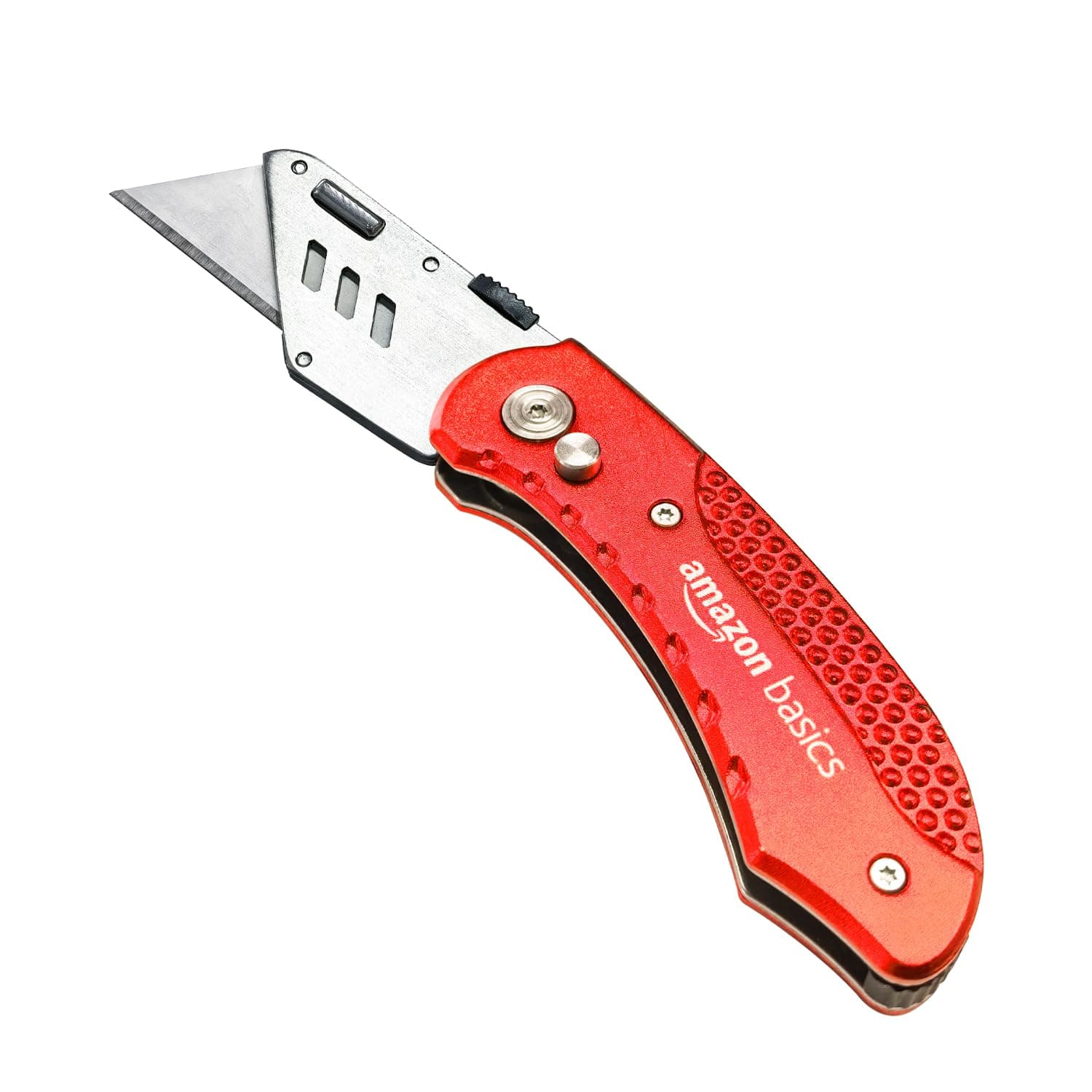Amazon Basics Folding Utility Knife Box Cutter with Back-lock Mechanism, Portable Lightweight Aluminum Handle, Red