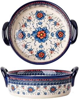 Blue and Orange Flower Vintage Style Ceramic Bakeware Casserole Lasagna Pans Baking Dish with Handles for Oven/Cooking/Kitchen-1 PCS-32 OZ