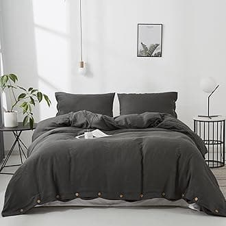 Simple&Opulence 100% Linen Duvet Cover Set 3pcs with Coconut Button Closure Natural French Washed Flax Solid Color Soft Breathable Farmhouse Bedding - Dark Grey, Queen Size