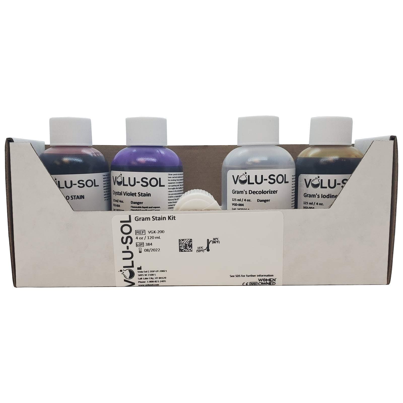 Volu-Sol Gram Stain Kit – Includes Precision Dispenser Lids – Ideal for Laboratories & Educational Use – 125 mL / 4 oz Each)