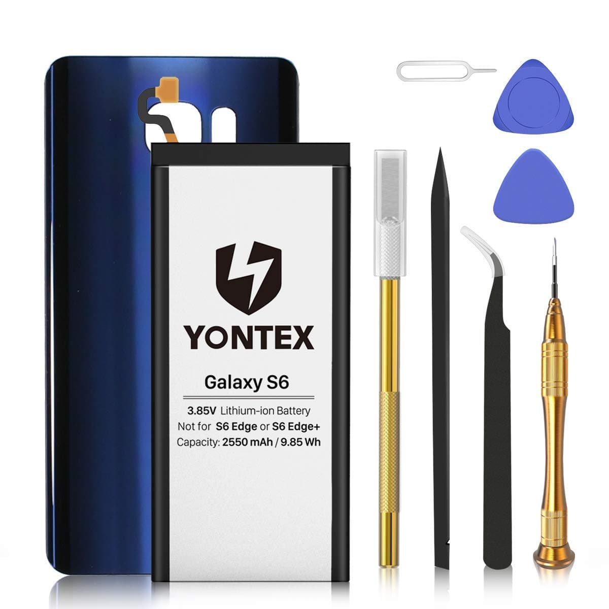 YONTEX Galaxy S6 Battery (Blue) with Back Glass Replacement and a Complete Repair Tool Kit, 2550mAh 0 Cycle Battery Replacement for Samsung Galaxy S6-24-Month Warranty