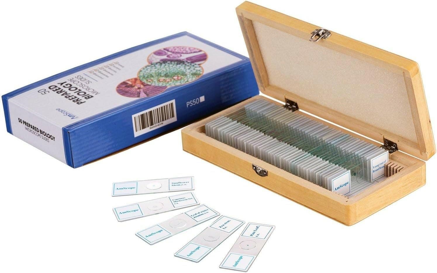 PS50 Prepared Microscope Slide Set for Basic Biological Science Education, 50 Slides, Includes Fitted Wooden Case
