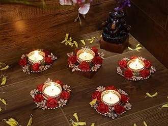 Divya Home Decorative Diya Set of 5 | Corporate Gift, Diwali Gift Diya, Deepak, Candles, New Year Gift, Christmas Gifts, Home Decoration Light Diya Set of 5 (Red Color) with Wax,Metal