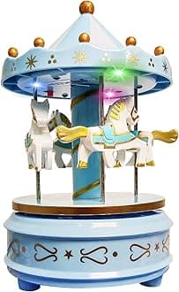 WEofferwhatYOUwant Carousel Music Box Blue – Rotating Horse Merry Go Round with LED Lights | Plays Beethoven’s Für Elise | Wind-Up Mechanical Toy | Cake Topper, Nursery Decor & Gift for Kids & Adults