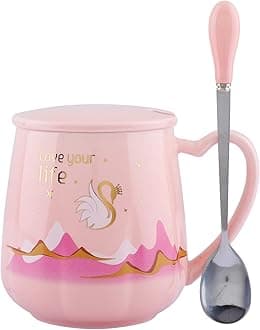 NYRWANA Coffee Mug, Gift Items for Women, Mugs for Present, Birthday Gift for Men, Christmas Gifts, Cute Mugs, Love Your Life Mug with Lid & Spoon (420ml - Pink)