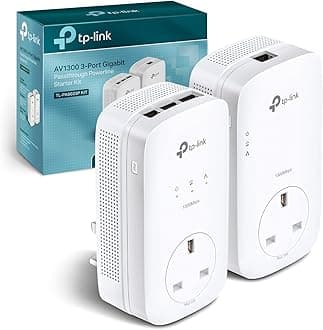 TP-Link TL-PA8033PKIT AV1300 Gigabit Passthrough 2x2 MIMO Powerline Adapter Starter Kit, Powerline Network Adapters with 3 Gigabit Ports for Smart TVs or Game Consoles, No Configuration Required