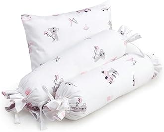 The White Cradle Cot Pillow + 2 Bolsters Set with Fillers - Organic Cotton Fabric, Softest Fiber Filling, Protective Comfort - Pink Koala with Horse