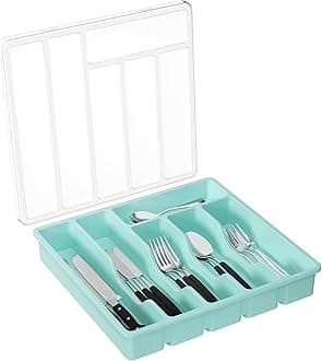 Lifewit Silverware Organizer with Lid, Covered Utensil Tray for Kitchen Drawer and Countertop, Plastic Cutlery and Flatware Storage Box for Spoons Forks Knives Holder Case, 6 Compartments, Turquoise