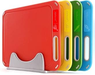 Aichoof Plastic Cutting Board, Set of 4 with Storage Stand, Color Box Packed, BPA-Free, Preventing Cross-contamination of Different Food Types, Dishwasher Safe