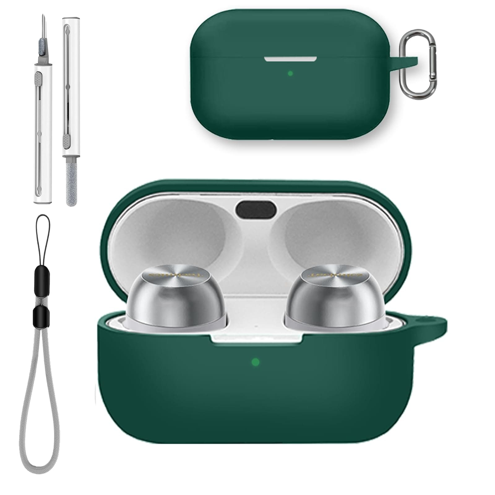 for Technics EAH-AZ100 Case Cover with Cleaner Kit, Soft Skin Silicone Case Cover with Keychain and Lanyard，Full Protective Case for Men and Women-Green
