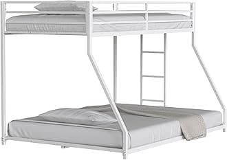ROOMTECTwin Over Full Metal Bunk Bed Frame for Kids, Teens, and Adults, Floor Bed with Metal 22 Slats, Guardrail, Built-in Ladder, No Boxspring Required for Small Spaces, White