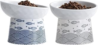 Tilted Ceramic Elevated Cat Bowls, Food and Water Raised Bowl Set for Kitty Cats and Small Dogs, Porcelain Stress Free Feeding Pet Bowl Dish, Black & Blue, Set of 2