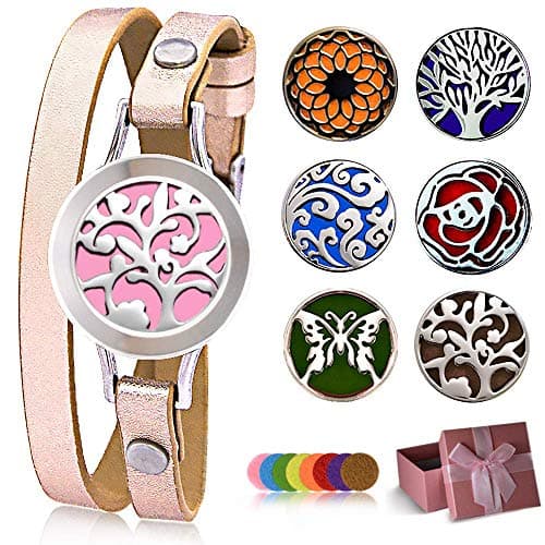 Carmel Essential Oil Diffuser Bracelet, 48 styles from 6 Faces 8 Color Pads (Extended Edition), Stainless Steel Aromatherapy Locket Bracelets Leather Band Rose Gold, Jewelry Gift Set for Women Girls.