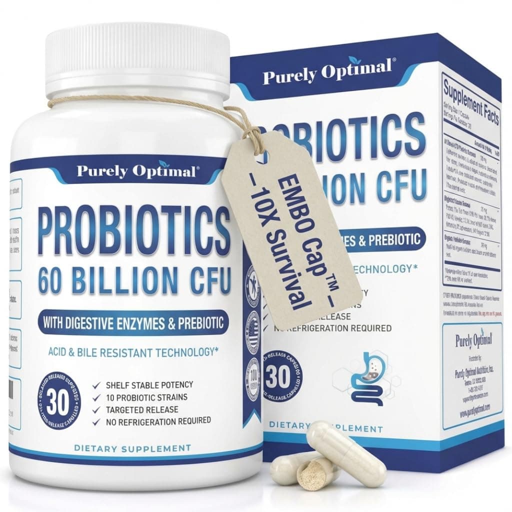 Probiotics for Digestive Health, 60 Billion CFU – Delayed-Release with Digestive Enzymes & Organic Prebiotics – Bloating, Immune & Energy Support, 30 Caps