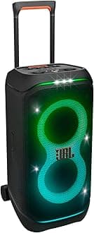 - PartyBox Stage 320 - Portable Party Speaker with Telescopic Handle & Wide, Sturdy Wheels, Powerful JBL Pro Sound, Futuristic lightshow, Up to 18 Hours of Play time, Splash Proof (Black)
