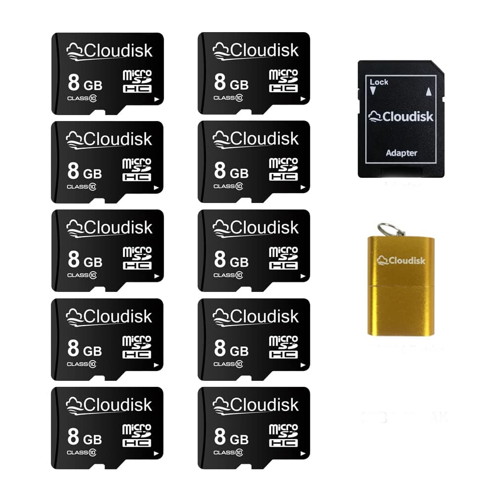 Cloudisk Pack of 10 Micro SD Card 8GB Flash Memory Card C10 A1 U1 Micro SDHC with SD Adapter, Card Reader