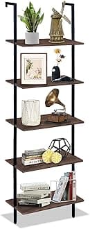 5 Tiers Ladder Shelf Brown Modern Bookshelf Open Tall Wall Mount Bookcase Standing Leaning Wall Shelves Industrial Decorative Living Room Bed Room