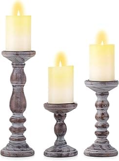 Candle Holder for Pillar Candles: Romadedi Set of 3 Decorative Wood Candlestick Holders, Rustic Wooden Candle Stand for Fireplace Mantle End Table Shelf in Farmhouse Style, Brown 6”, 8.3”, 12”