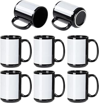 PYD Life 8 Pack Sublimation Coffee Mugs Blanks Black with White Patch 15 OZ Ceramic Photo Mugs Cups Bulk for Cricut Mug Press Print