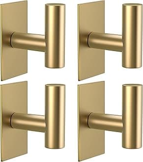 VAEHOLD Wall Towel Hooks, Heavy Duty Sticky Holder Waterproof Towel Hooks for Hanging Coat, Clothes, Closet Hook Wall Mount for Kitchen (Gold, 4 Pack)