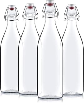 Bormioli Rocco Giara Swing Top Bottles 33 ¾ Ounce/1 Liter (4 Pack) ROUND Clear Glass Grolsch Flip Top Bottle With Stopper, for Beverages, Smoothies, Kefir, Beer, Soda, Juicing, Kombucha, Water, Milk,